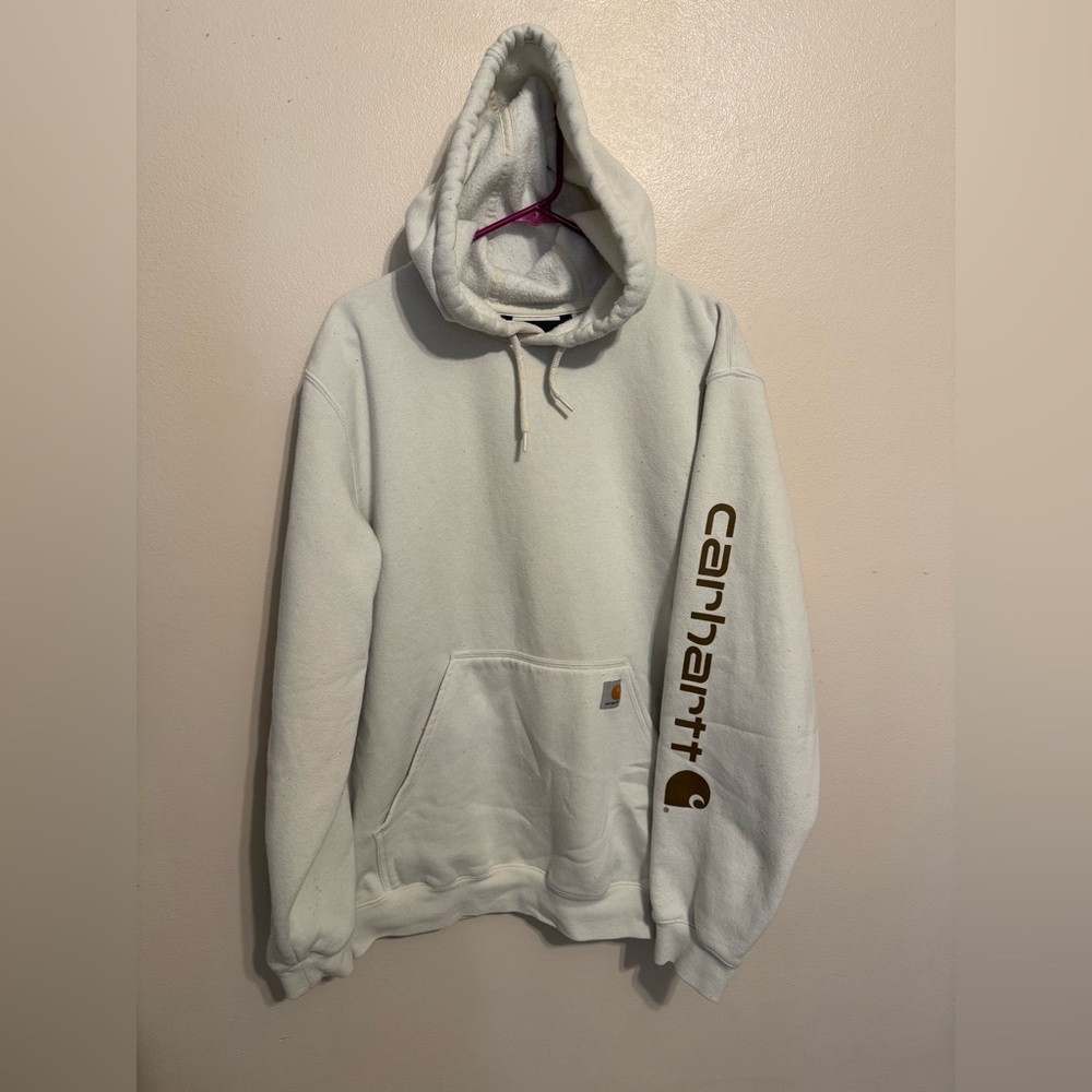 Unisex Cream Carhartt Loose Fit Mid Weight Logo Graphic Sleeve Hoodie Size Large